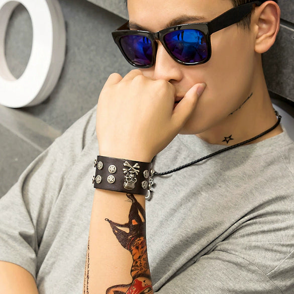 Punk Bracelet Fashion Cowhide Skull Alloy Head Bracelet Rock Cowhide Bracelet Jewelry