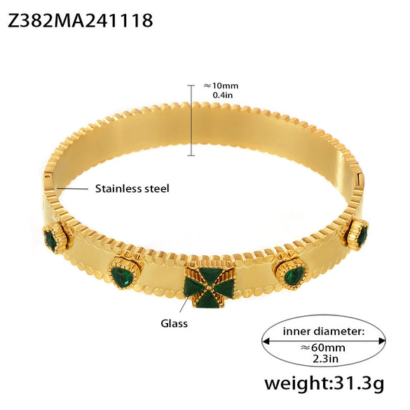 Buckle Gear Bracelet Stainless Steel Zircon Czech Glass Four Leaf Flower 18K Gold Plated Light Luxury Style