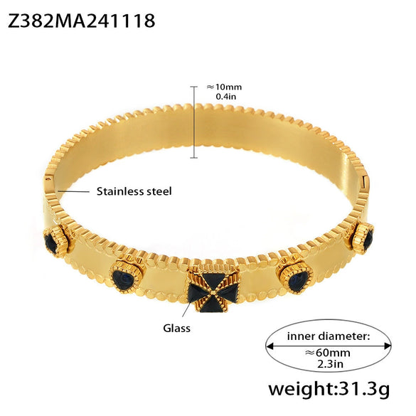 Buckle Gear Bracelet Stainless Steel Zircon Czech Glass Four Leaf Flower 18K Gold Plated Light Luxury Style