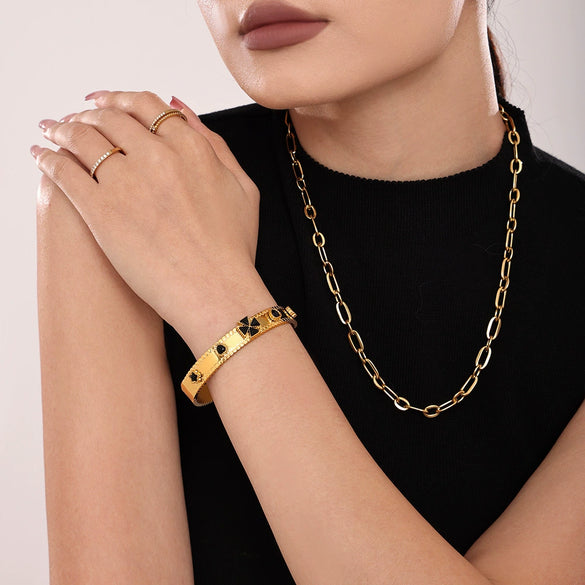Buckle Gear Bracelet Stainless Steel Zircon Czech Glass Four Leaf Flower 18K Gold Plated Light Luxury Style