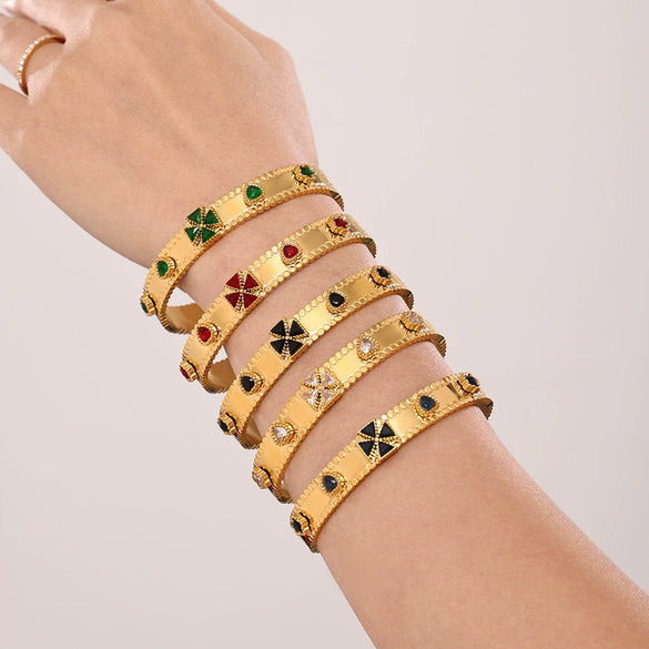 Buckle Gear Bracelet Stainless Steel Zircon Czech Glass Four Leaf Flower 18K Gold Plated Light Luxury Style