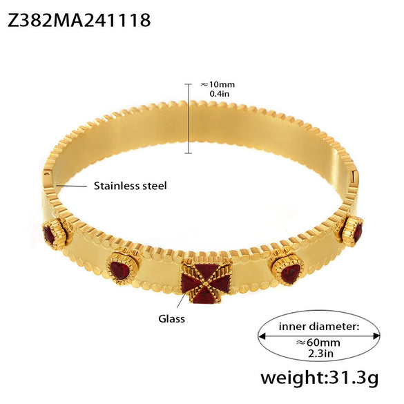 Buckle Gear Bracelet Stainless Steel Zircon Czech Glass Four Leaf Flower 18K Gold Plated Light Luxury Style