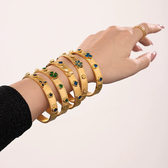 Buckle Gear Bracelet Stainless Steel Zircon Czech Glass Four Leaf Flower 18K Gold Plated Light Luxury Style