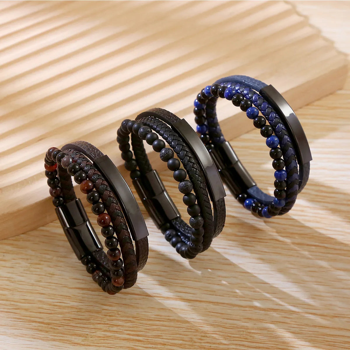 Business Argyle Stainless Steel Pu Leather Natural Stone Beaded Knitting Men'S Wristband