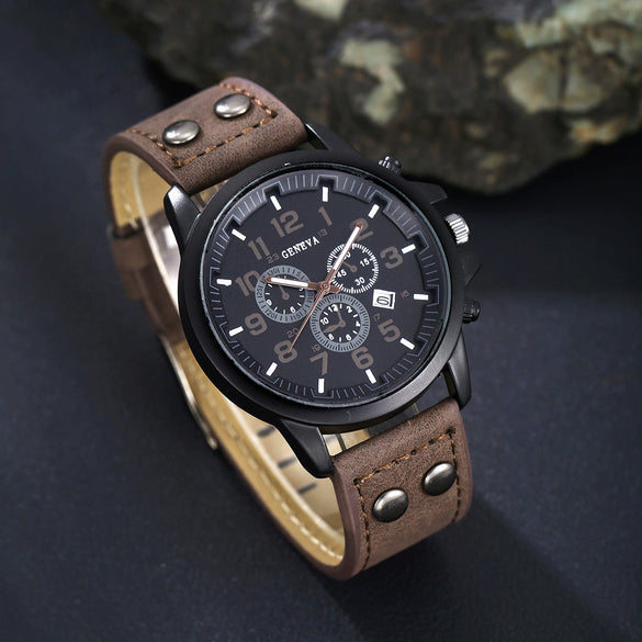 Business Casual Men's Alloy Imitation Leather Stainless Steel Buckle Round Dial Bracelet Set
