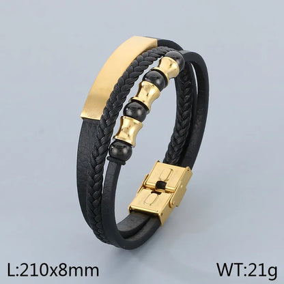 Business Color Block 304 Stainless Steel Leather Plating 18K Gold Plated Men'S Bangle