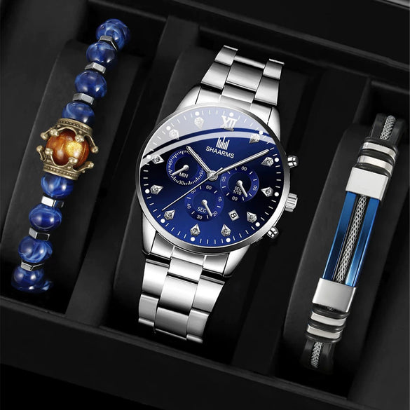 Business Fashion Men's Alloy And Stainless Steel Band Quartz Watch With Round Dial
