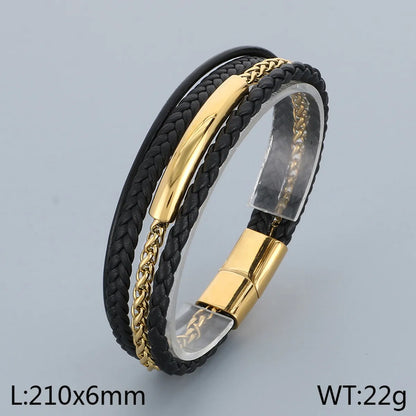 Business Geometric 304 Stainless Steel Leather Layered 18K Gold Plated Men'S Bangle