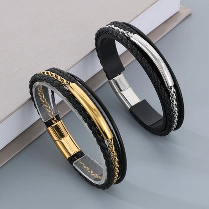 Business Geometric 304 Stainless Steel Leather Layered 18K Gold Plated Men'S Bangle