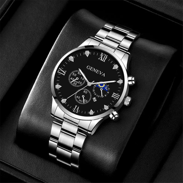 Business Men's Alloy And Stainless Steel Band Watch With Round Dial And Horseshoe Buckle Jewelry Set
