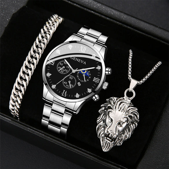 Business Men's Alloy And Stainless Steel Band Watch With Round Dial And Horseshoe Buckle Jewelry Set