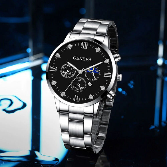 Business Men's Alloy And Stainless Steel Band Watch With Round Dial And Horseshoe Buckle Jewelry Set