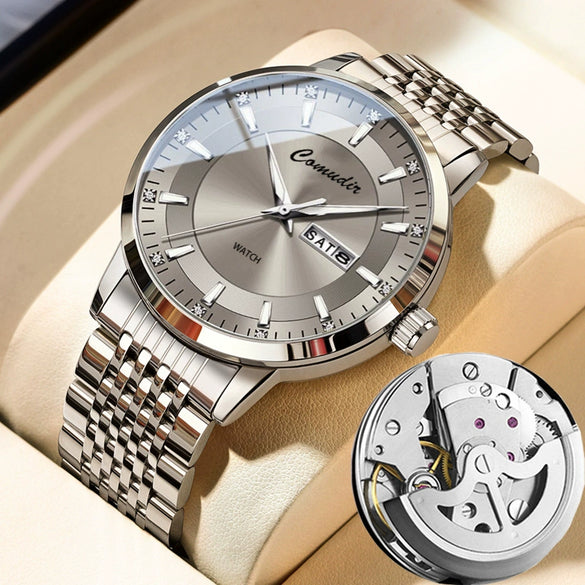 Business Men's Alloy And Stainless Steel Fully Automatic Mechanical Hollow Waterproof Luminous Dual Calendar Round Dial Watch