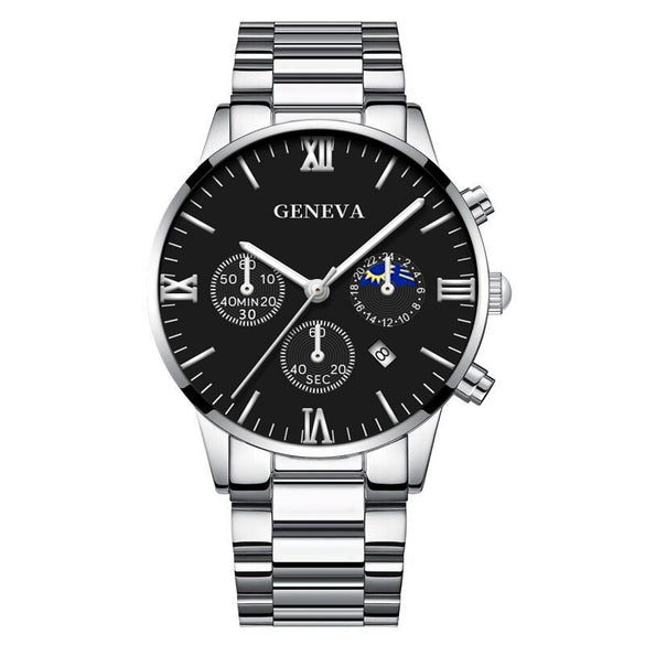 Business Men's Alloy Case Stainless Steel Band Round Dial Quartz Watch With Three Eye Calendar And Roman Scale