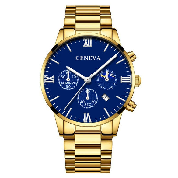 Business Men's Alloy Case Stainless Steel Band Round Dial Quartz Watch With Three Eye Calendar And Roman Scale