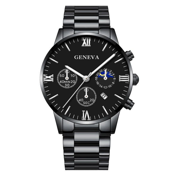 Business Men's Alloy Case Stainless Steel Band Round Dial Quartz Watch With Three Eye Calendar And Roman Scale