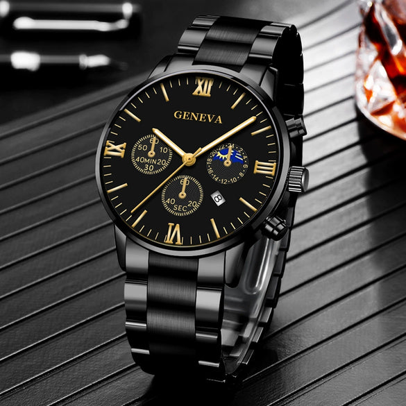 Business Men's Alloy Case Stainless Steel Band Round Dial Quartz Watch With Three Eye Calendar And Roman Scale