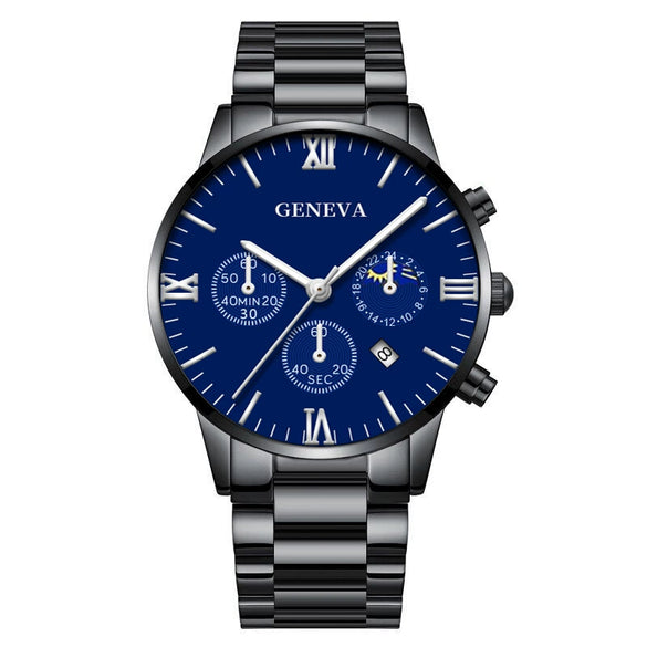Business Men's Alloy Case Stainless Steel Band Round Dial Quartz Watch With Three Eye Calendar And Roman Scale
