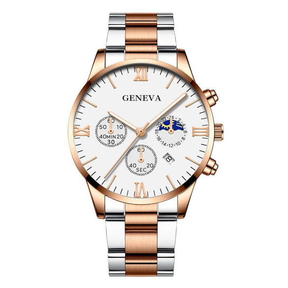 Business Men's Alloy Case Stainless Steel Band Round Dial Quartz Watch With Three Eye Calendar And Roman Scale