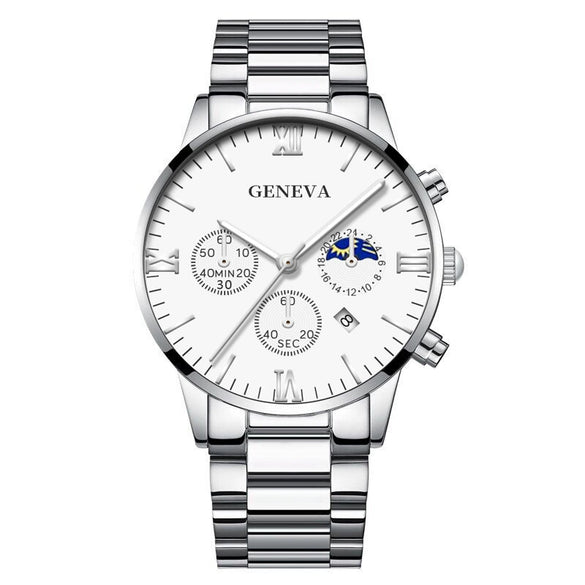 Business Men's Alloy Case Stainless Steel Band Round Dial Quartz Watch With Three Eye Calendar And Roman Scale