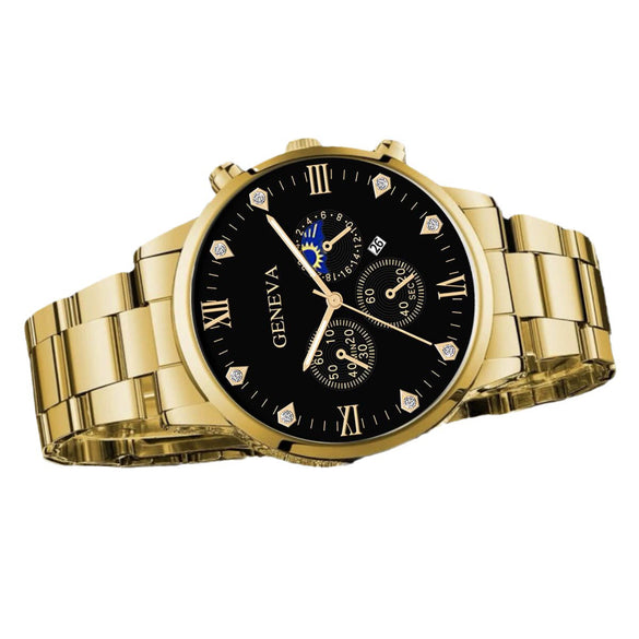 Business Men's Alloy Case Stainless Steel Band Round Dial Quartz Watch With Threeeye Calendar And Roman Scale