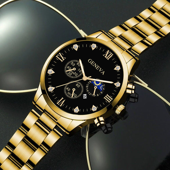 Business Men's Alloy Case Stainless Steel Band Round Dial Quartz Watch With Threeeye Calendar And Roman Scale