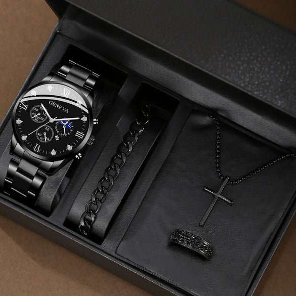 Business Men's Alloy Case Stainless Steel Band Round Dial Watch Jewelry Set