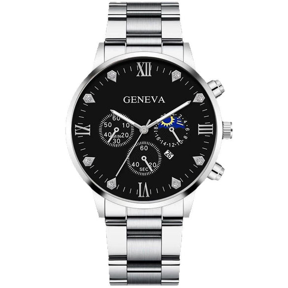 Business Men's Alloy Case Stainless Steel Band Round Dial Watch Jewelry Set