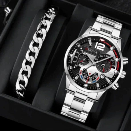 Business Men's Alloy Case Stainless Steel Band Round Dial Watch