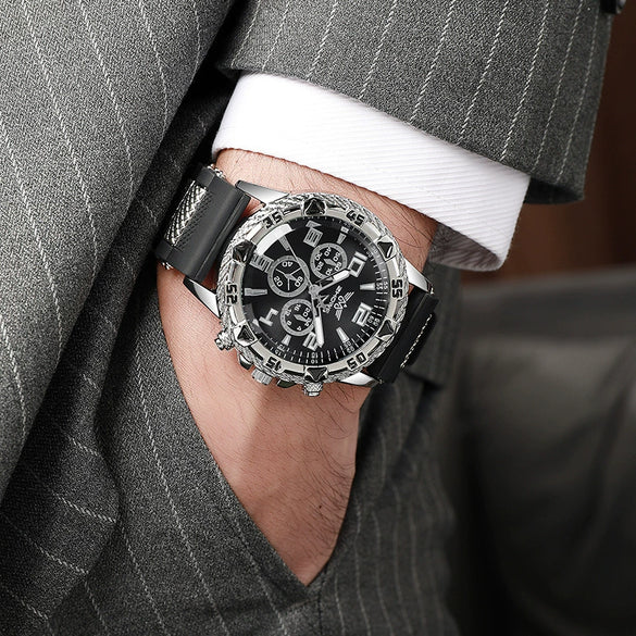 Business Men's Casual Quartz Watch With Fake Threeeye Dial Alloy Case And Strap Stainless Steel Buckle Round Dial