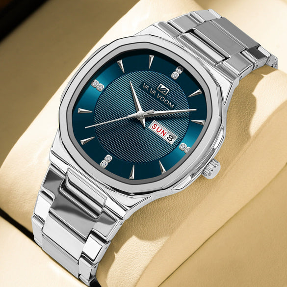 Business Men's Stainless Steel Watch With Round Dial Quartz Waterproof