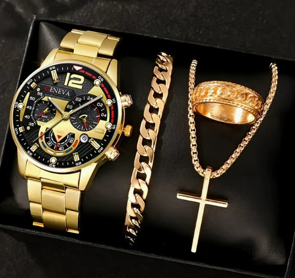 Business Men's Watch Alloy Round Dial With Fake Three Eye Calendar Roman Scale