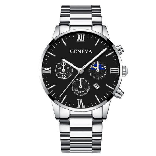 Business Men's Watch Alloy Round Dial With Fake Three Eye Calendar Roman Scale