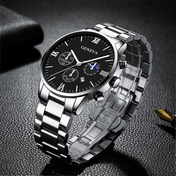 Business Men's Watch Alloy Round Dial With Fake Three Eye Calendar Roman Scale