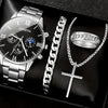 Business Men's Watch Alloy Round Dial With Fake Three Eye Calendar Roman Scale