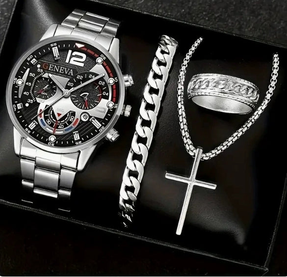 Business Men's Watch Alloy Round Dial With Fake Three Eye Calendar Roman Scale