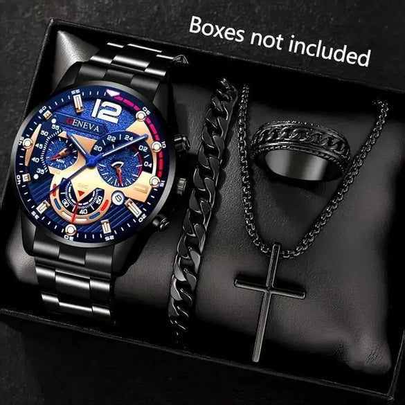 Business Men's Watch Alloy Round Dial With Fake Three Eye Calendar Roman Scale