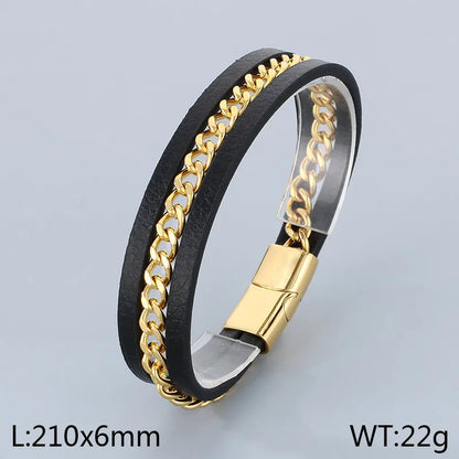 Business Simple Style Solid Color 304 Stainless Steel Leather Layered 18K Gold Plated Men'S Bangle