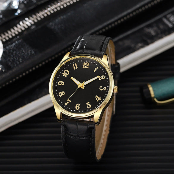 Business Style Alloy And Imitation Leather Quartz Watch With Round Dial And Stainless Steel Buckle