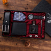 Business Style Alloy Case Stainless Steel Clasp Imitation Leather Strap Round Dial Male Gift Set With Belt Purse Tie Perfume Cufflinks Quartz Watch Pen