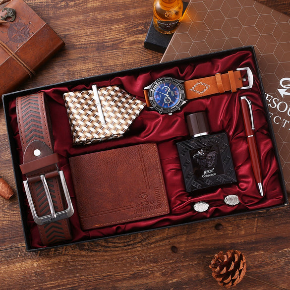 Business Style Alloy Case Stainless Steel Clasp Imitation Leather Strap Round Dial Male Gift Set With Belt Purse Tie Perfume Cufflinks Quartz Watch Pen