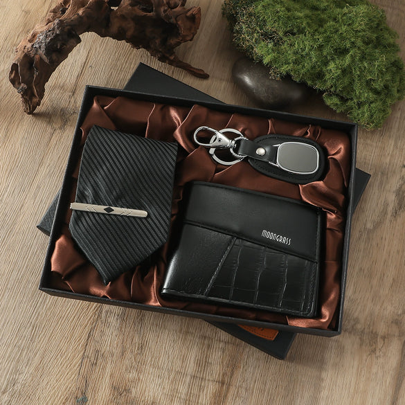 Business Style Alloy Case Stainless Steel Clasp Imitation Leather Strap Round Dial Male Gift Set With Belt Purse Tie Perfume Cufflinks Quartz Watch Pen