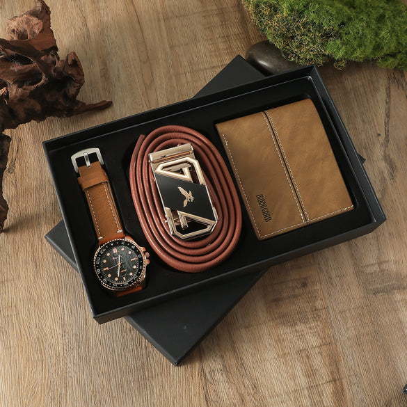 Business Style Alloy Case Stainless Steel Clasp Imitation Leather Strap Round Dial Male Gift Set With Belt Purse Tie Perfume Cufflinks Quartz Watch Pen