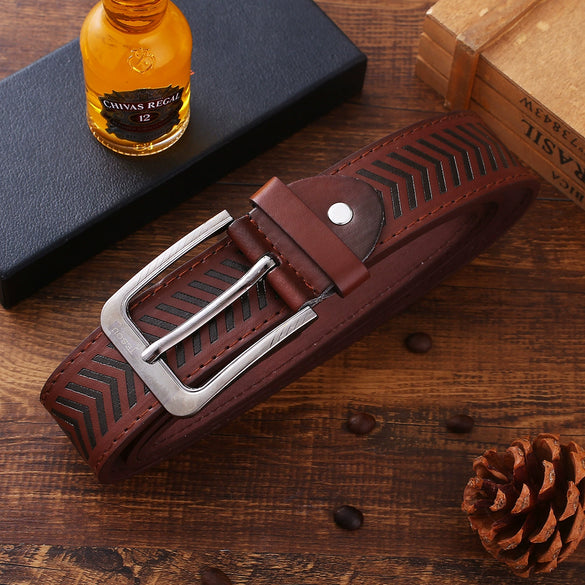 Business Style Alloy Case Stainless Steel Clasp Imitation Leather Strap Round Dial Male Gift Set With Belt Purse Tie Perfume Cufflinks Quartz Watch Pen