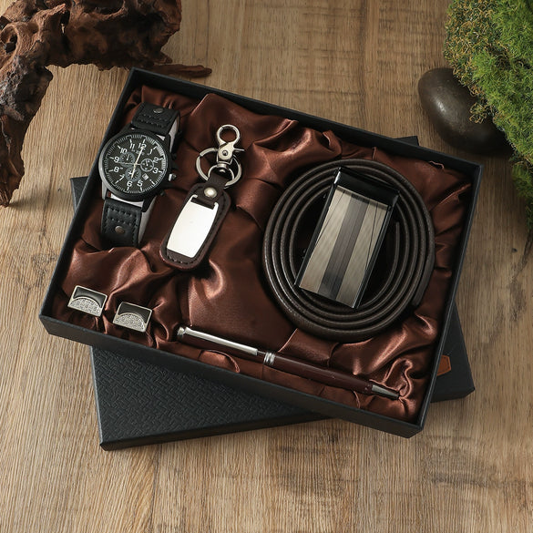 Business Style Alloy Case Stainless Steel Clasp Imitation Leather Strap Round Dial Male Gift Set With Belt Purse Tie Perfume Cufflinks Quartz Watch Pen