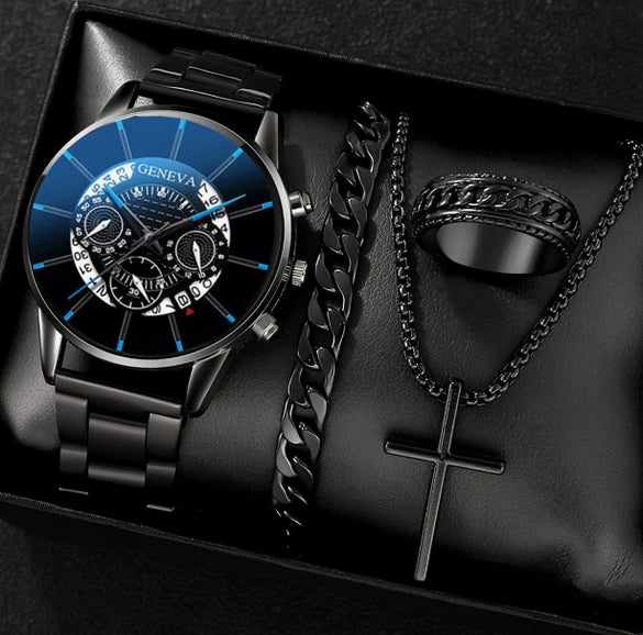 Business Style Men's Alloy Watch With Fake Three Eye Calendar Roman Scale And Round Dial