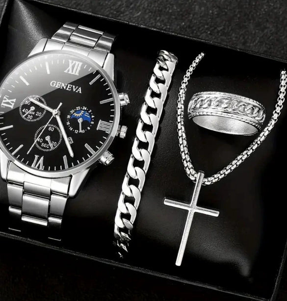Business Style Men's Alloy Watch With Fake Three Eye Calendar Roman Scale And Round Dial