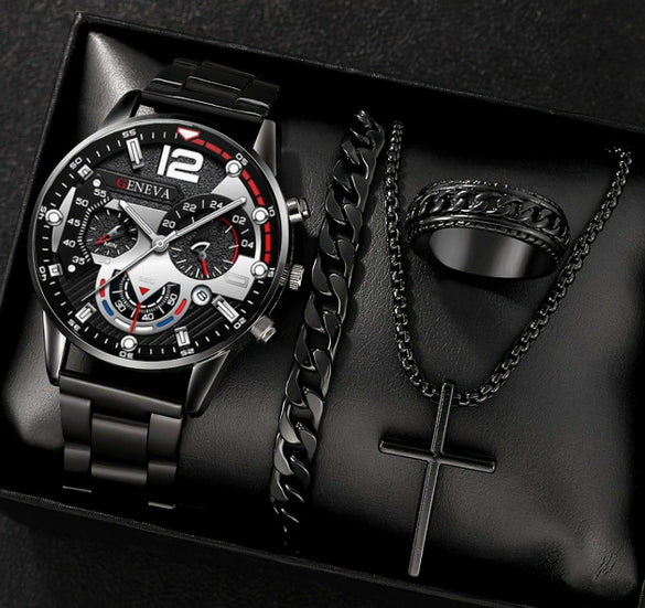 Business Style Men's Alloy Watch With Fake Three Eye Calendar Roman Scale And Round Dial