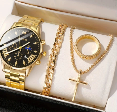 Business Style Men's Alloy Watch With Fake Three Eye Calendar Roman Scale And Round Dial