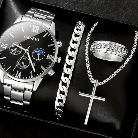 Business Style Men's Alloy Watch With Fake Three Eye Calendar Roman Scale And Round Dial